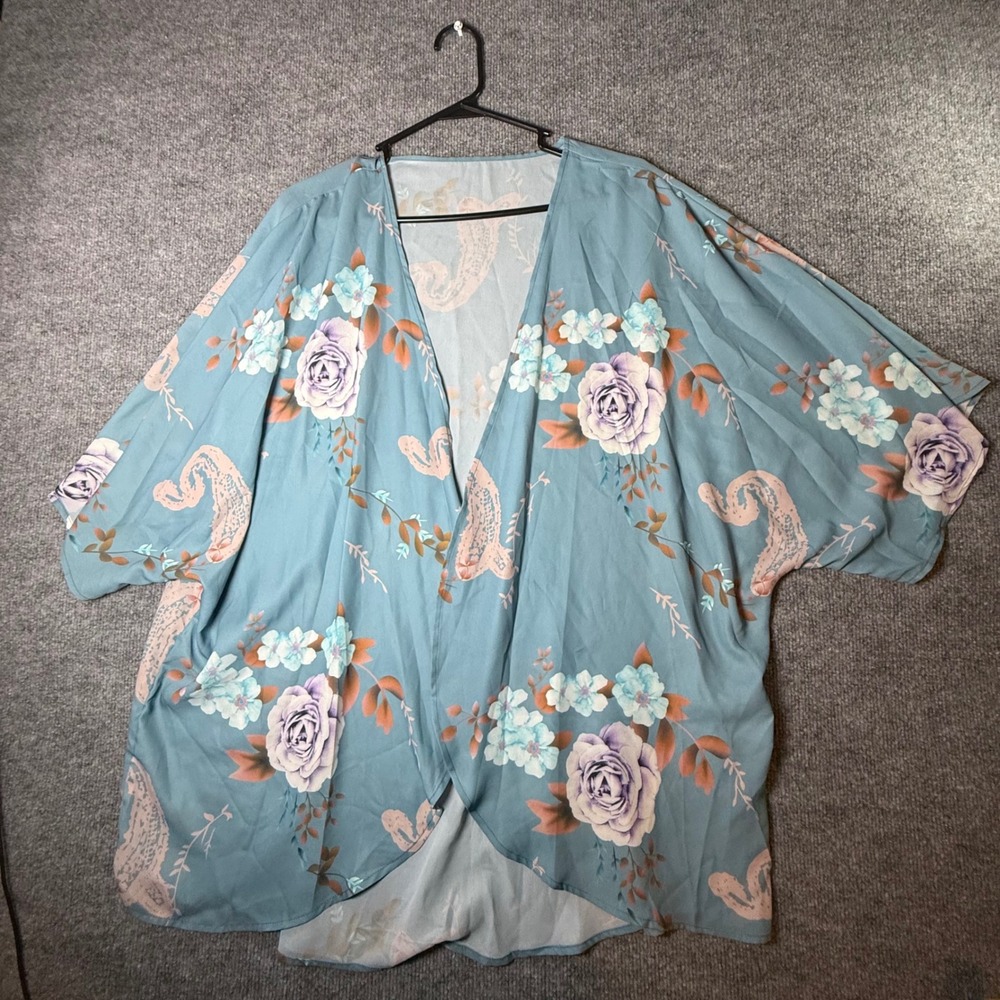 Floral Paisley Kimono Cardigan Blue Purple Rose Open Front Plus Size 3XL